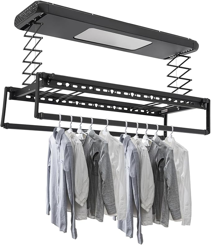 Electric Retractable Airing Rack Black, Ceiling Clothesline 77lbs Load, Ceiling Mounted Clothes Drying Rack 24W with Remote and Light for Laundry Balcony (Black)