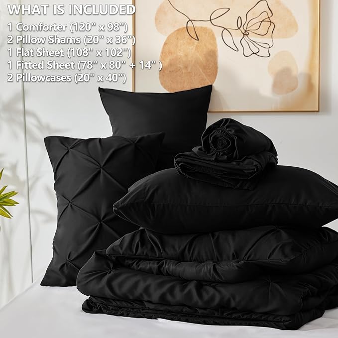 CozyLux Oversized King Comforter Sets Black, 7 Pieces Oversized King Pintuck Bed in A Bag, Pinch Pleat Bedding Sets with All Season Comforter, Flat Sheet, Fitted Sheet, Pillowcases & Shams