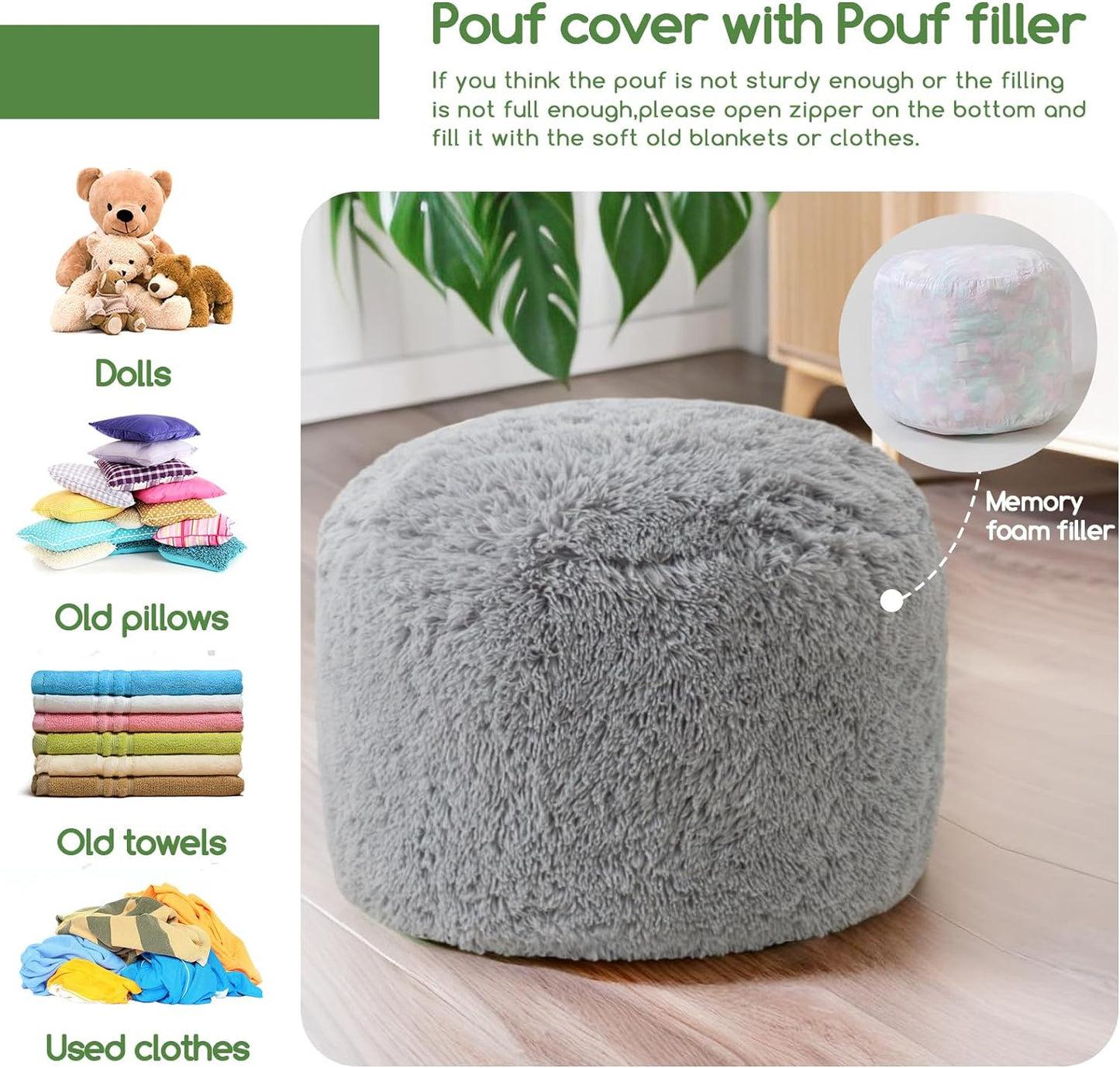 HIGOGOGO Round Stuffed Pouf Ottoman, Long Faux Fur Poufs with Foam Chunk Filling, Fluffy and Furry Pouf Foot Stool Storage Ottoman, 20 X 15 Floor Poufs Foot Rest for Living Room, Grey