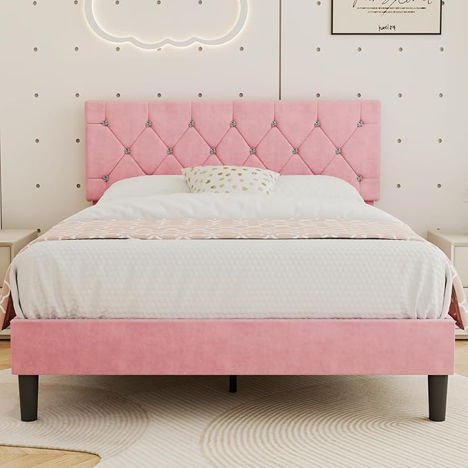 VECELO Full Size Bed Frame with Diamond Tufted Headboard, Upholstered Platform Bedframe with Wood Slat Support, No Box Spring Needed, Mauve Pink