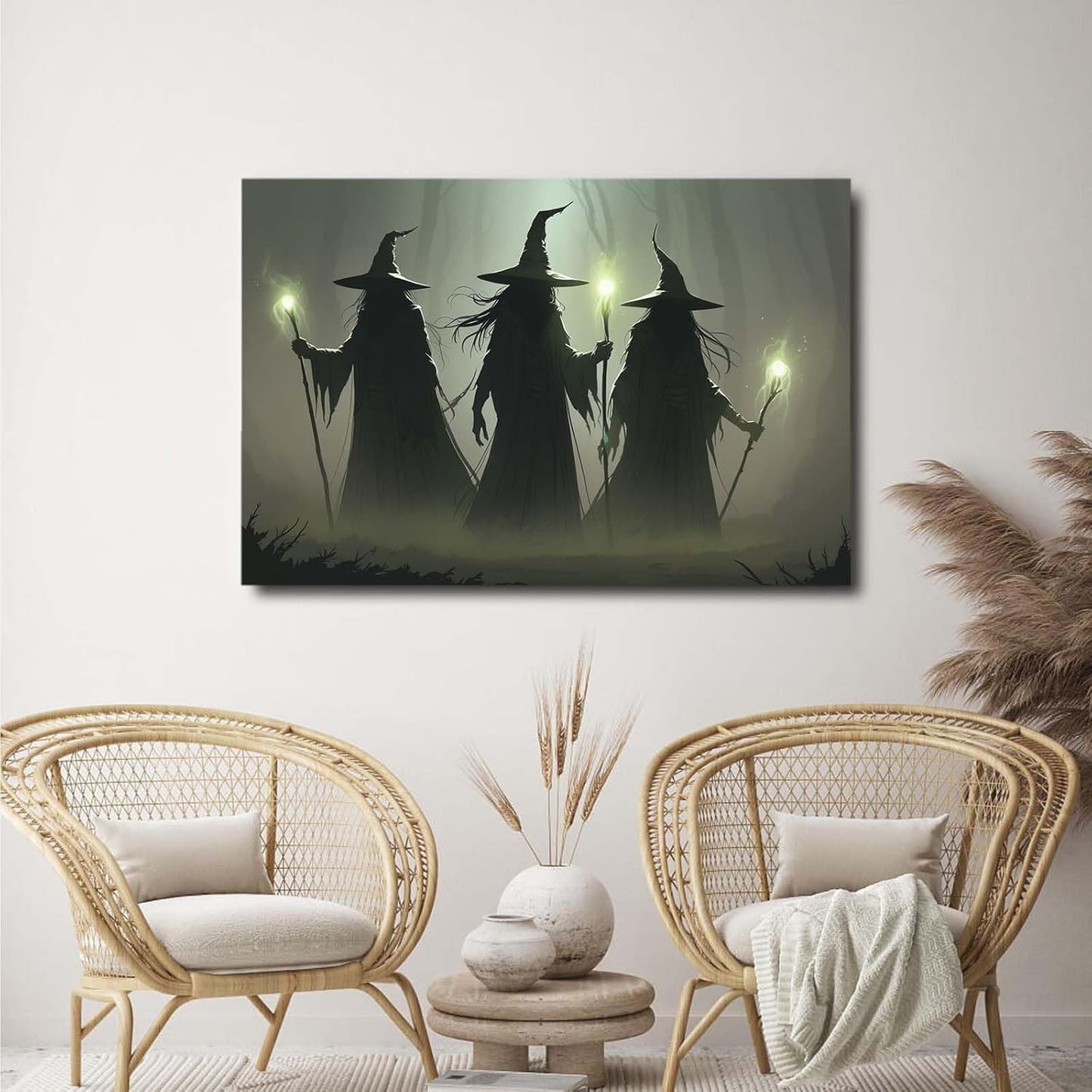 Vintage 3 witches canvas wall decor melancholy dark Halloween poster wall decor holding a staff print Gothic horror Halloween painting print for living room bedroom28x40in Wood Framed