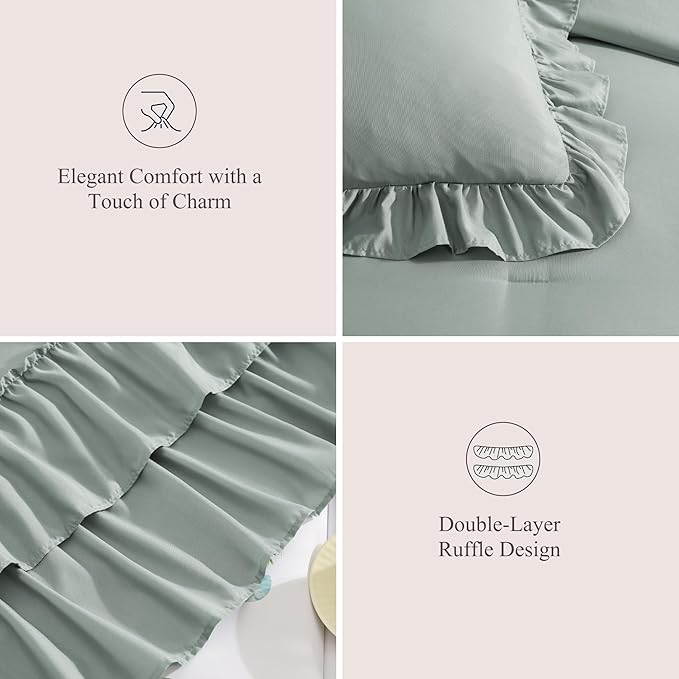 Queen Comforter Set Sage Green, Ruffle Shabby Chic Bedding Set Farmhouse 7 Pieces, All Season Fluffy Bed in a Bag with Sheets, Pillowcases & Shams