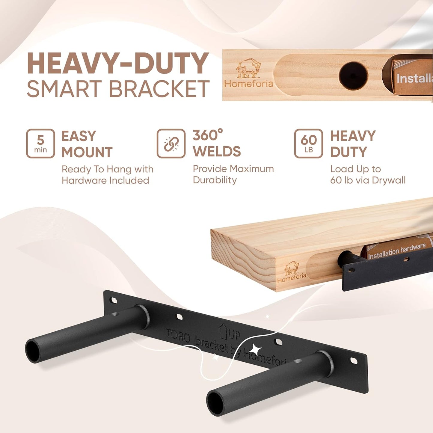 Homeforia Wood Floating Shelf 12 inch, High End Solid Natural Wood 12inch Floating Shelves for Wall Mounted, Unfinished Small Wooden Floating Shelves, Heavy Duty Bracket, 12 X 6.5 X 1.75 in, Set of 2