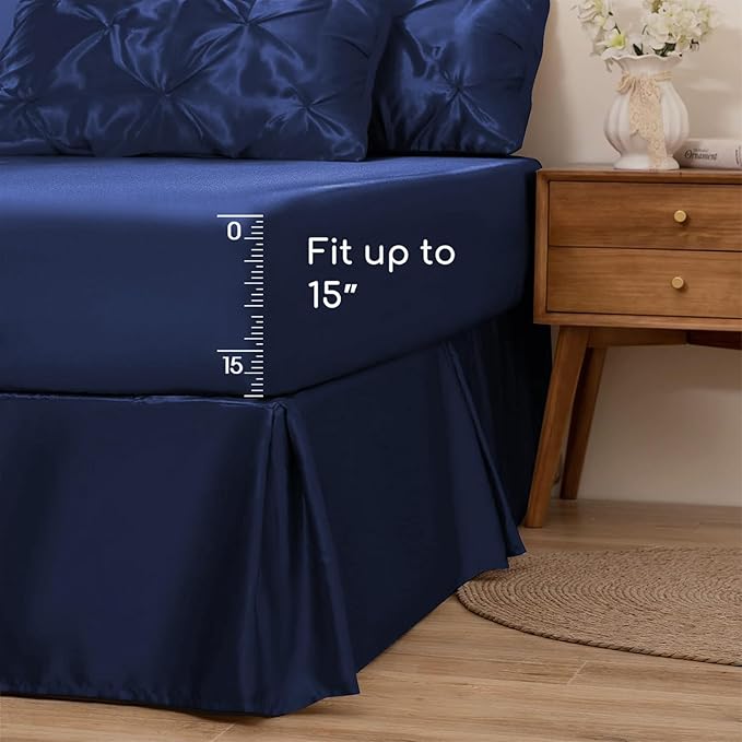 MR&HM Satin Comforter King 7 Pieces - Luxurious Pinch Pleat Bedding Set with Comforter, Flat Sheet, Fitted Sheet, Pillowcases & Shams, Super Silky Soft Bed Set for All Season (King, Navy Blue)