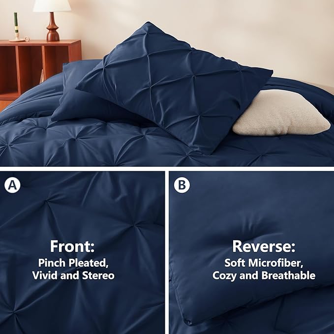 CozyLux King Size Comforter Set Navy Blue, Pintuck Bed in A Bag 7 Pieces, Pinch Pleat Bedding Sets with All Season Comforter, Pillow Sham, Flat Sheet, Fitted Sheet and Pillowcase, Navy Blue, King
