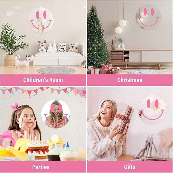 DARENYI Pink Preppy Mirror Circle, 12 inch Smiling Face Aesthetic Mirror for Teen Girls Preppy Room Wall Decor