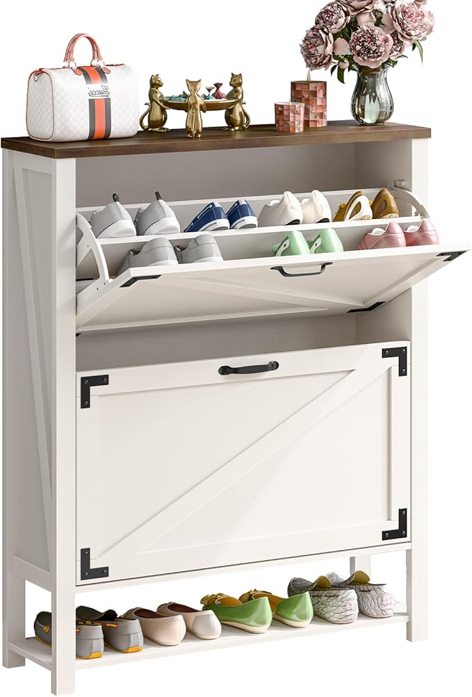 Vabches Shoe Storage Cabinet, 5-Tier Farmhouse Freestanding Organizer with 2 Flip Drawers, Wooden Shoes Rack Cabinets Storage Organizer with Doors for Entryway, Hallway, Closet, Rustic White