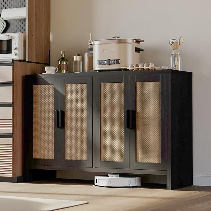 Mericonia Rattan Buffet Cabinet with Storage, Sideboard with Doors, Console Table, Farmhouse Coffee Bar, Modern Wood Long Cabinets (Brown Black)