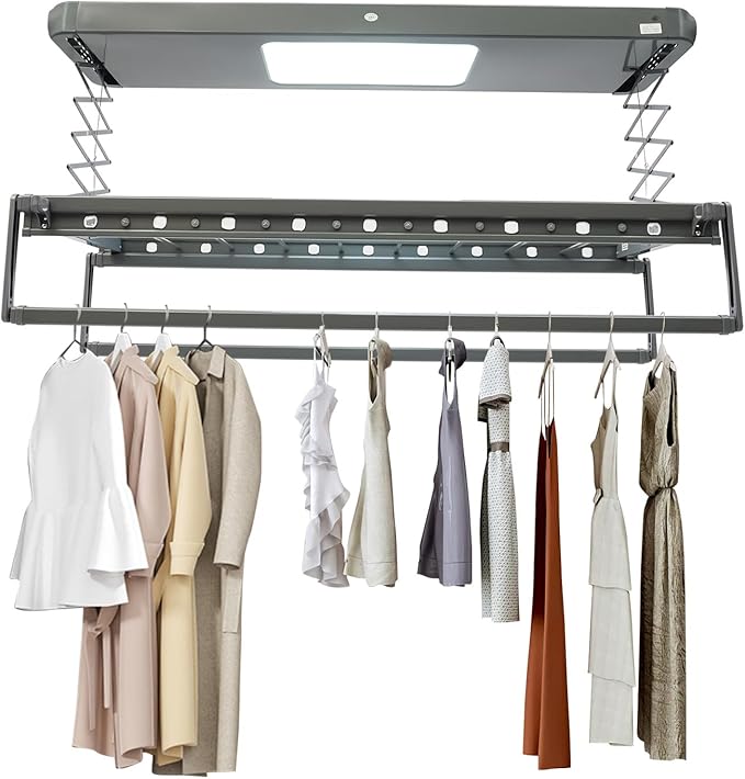Electric Retractable Airing Rack Gray, Ceiling Clothesline 77lbs Load, Ceiling Mounted Clothes Drying Rack 24W with Remote and Light for Laundry Balcony (Gray)