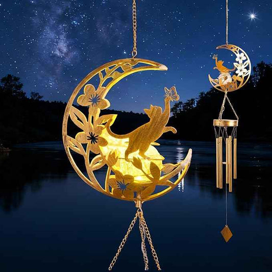 Moon Cat Wind Chime Outdoor 3-Chord, Handmade Metal Garden Wind Chimes with Cat Charms, Melodic Weatherproof Wind Bell for Patio Porch Decor, Unique Gift for Cat Lovers (Silver)