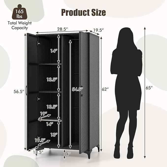 Giantex Wicker Storage Cabinet, 62” Tall Pantry Cabinet with 2 Doors, Hanging Rod, 4 Storage Cubes, Metal Legs, Anti-Tipping Device, PE Rattan Storage Cabinet for Home Office, Garage Cabinets (Black)