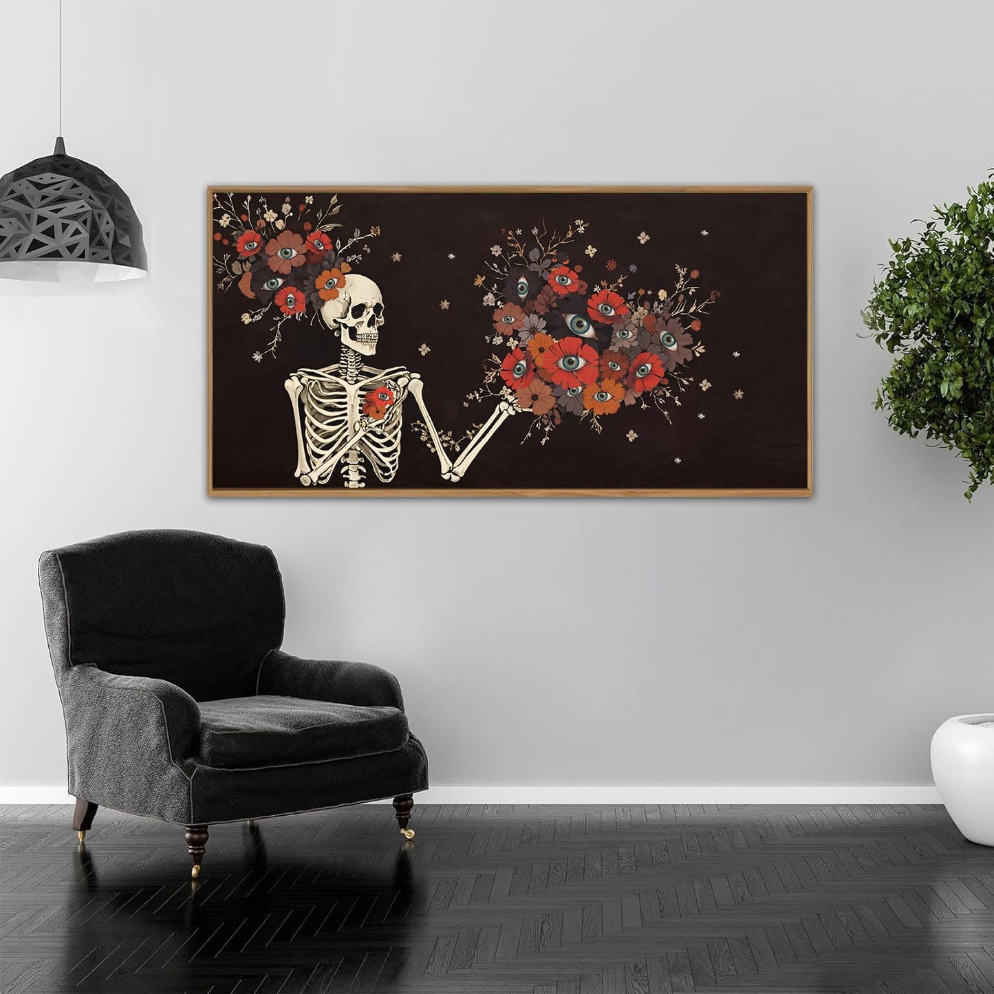 KAIRNE Halloween Skeleton Wall Art,Gothic Skull Canvas Set of 1(40”x20”),Romantic Spooky Floral Botanical Print,Scary Skull Painting,Horror Halloween Wall Art for Living Room Bedroom Goth Party Decor