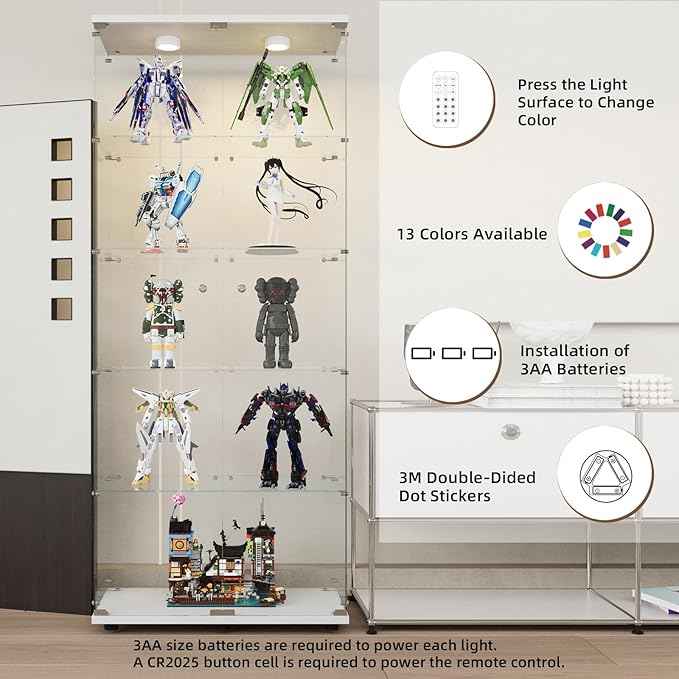 Beauty4U Glass Display Cabinet with Lights, 5 Shelves with 2 Doors, Curio Cabinets for Living Room, Bedroom, Office, White Floor Standing Glass Bookshelf, Quick Installation