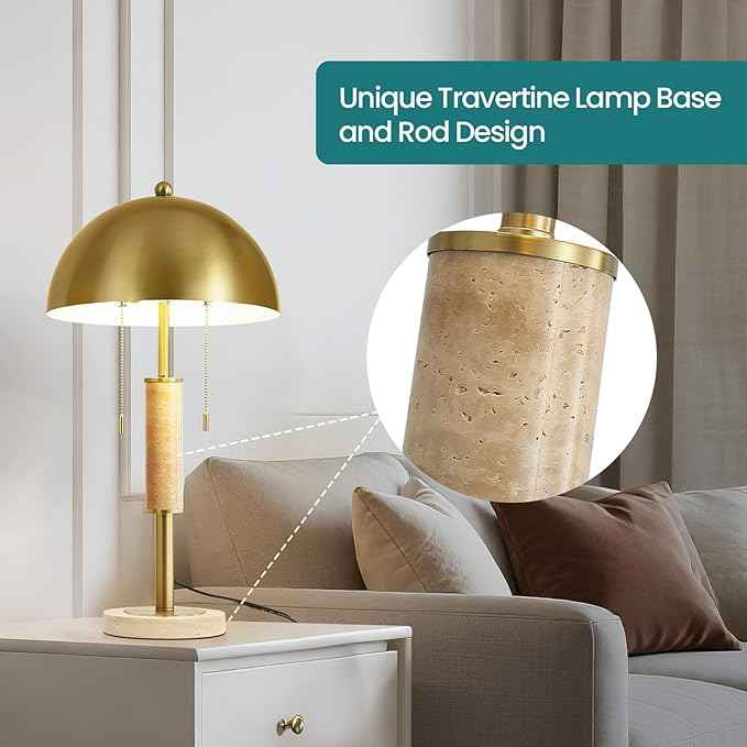 KAISITE 24" Modern Table Lamp for Living Room Gold Metal Nightstand Lamp with High-Grade Decorative Travertine Mid Century Table Lamp for Bedroom Side Table Bedside End Table