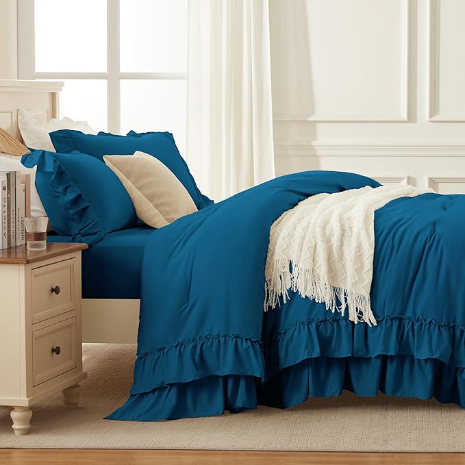 Andency Teal Queen Comforter Set (90x90Inch), 3 Pieces Lightweight Fluffy Ruffle Bedding Sets for Queen Bed, Farmhouse Shabby Chic Soft All Season Bed Set