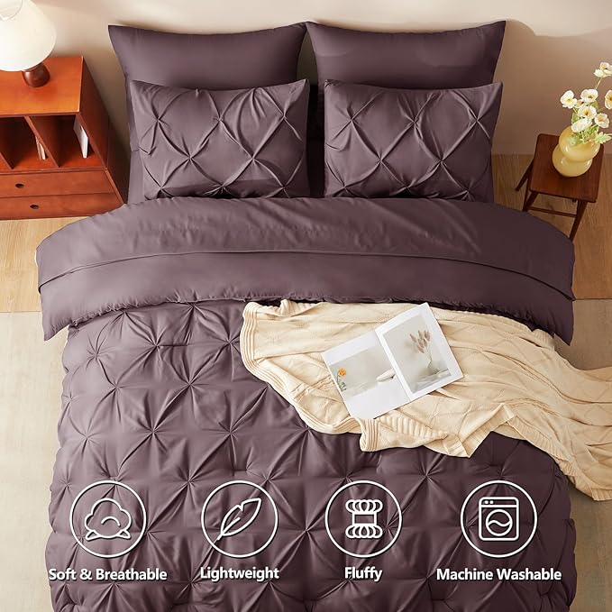 CozyLux Queen Comforter Set Cocoa Powder, 7 Pieces Pintuck Bed in A Bag, Premium Cocoa Powder Comforter Queen Size, Pinch Pleat Bedding Sets with Comforter, Sheets, Pillowcases & Shams