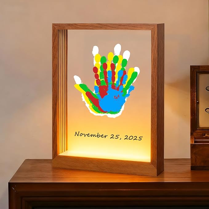 Bixinyo Family Handprint Kit with Light, Baby Hand and Footprint Keepsake Wooden Frame, Family Gifts for Mom, Women, New Parents, Mother's Day, Adoption Gifts, 5 Non-Toxic Paints (Light, Brown)