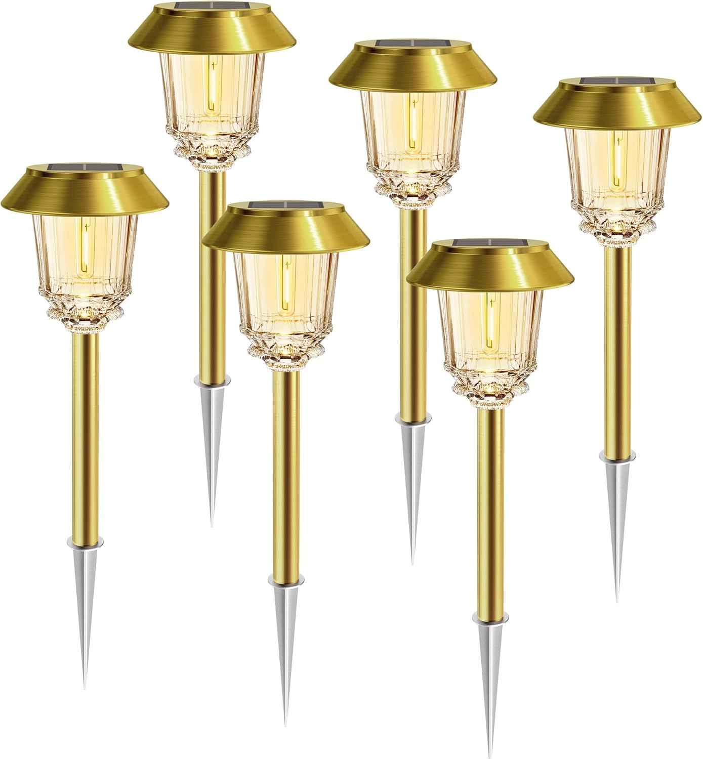 Solar Lights Outdoor Waterproof,6 Pack Gold Solar Pathway Lights with 10-40 LM Dimmable Glass and Metal, Solar Powered Garden Fall Decor for Yard,Patio,Pathway,Driveway(Warm White)