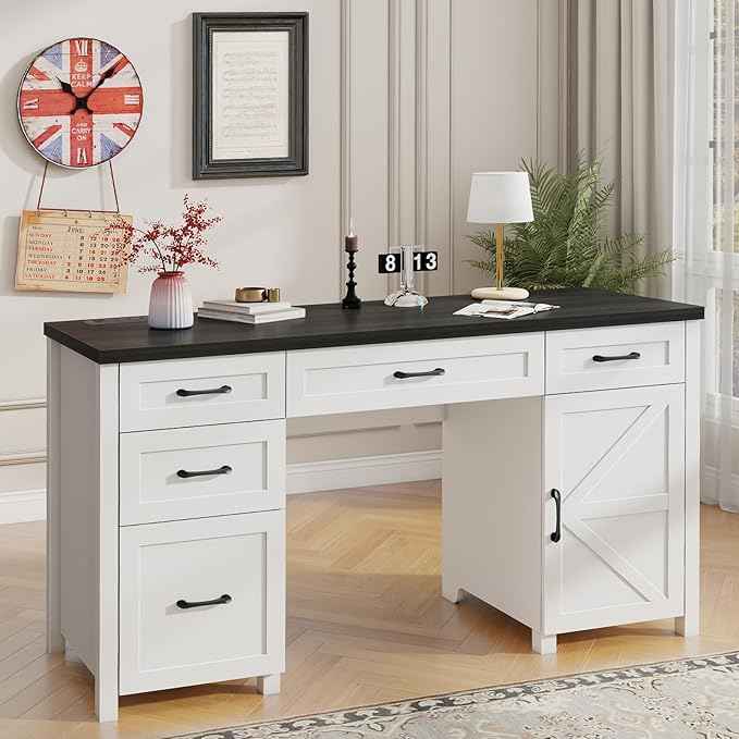Vabches Farmhouse 61'' Executive Desk with 5 Drawers, Rustic Office Desk Computer Desk with Charging Station, File Drawers and Storage Cabinet, Wood Workstation for Home Office and Study.(Black Top)