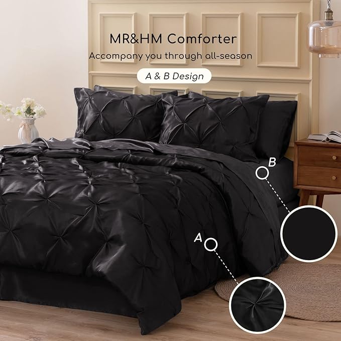 MR&HM Satin Comforter Twin XL 5 Pieces - Luxurious Pinch Pleat Bedding Set with Comforter, Flat Sheet, Fitted Sheet, Pillowcase & Sham, Super Silky Soft Bed Set for All Season (Twin XL, Black)