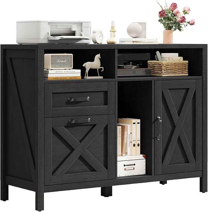 Vabches Lateral File Cabinet, Farmhouse 2 Drawer File Cabinet with Open Storage Shelf for Letter/A4 Size Hanging Files, Large Wood File Storage Cabinets Printer Stand for Home Office, Black