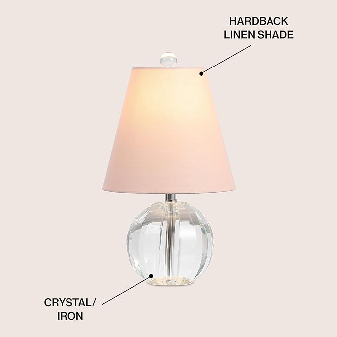 JONATHAN Y JYL2079C 16" Glam Crystal Ball Table Lamp, Modern Bedside Nightstand Lamp for Bedroom Living Room Office, Clear Glass Orb with Pink Round Linen Shade and Chrome Accents, LED Bulb Included