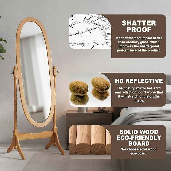 Full Length Mirror with Stand, Vintage Style Wood Floor Cheval Mirror, Traditional Adjustable Free Standing Mirrors Full Length (Oak)