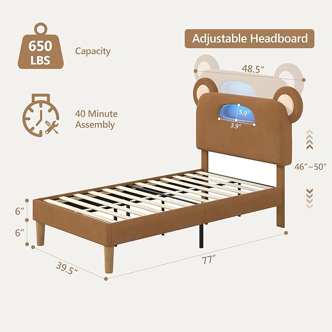 VECELO Twin Size Bed Frame, Bear-Shaped Adjustable Headboard with LED Lights & Storage, Upholstered Platform with Strong Wooden Slats Support, No Box Spring Needed, Brown