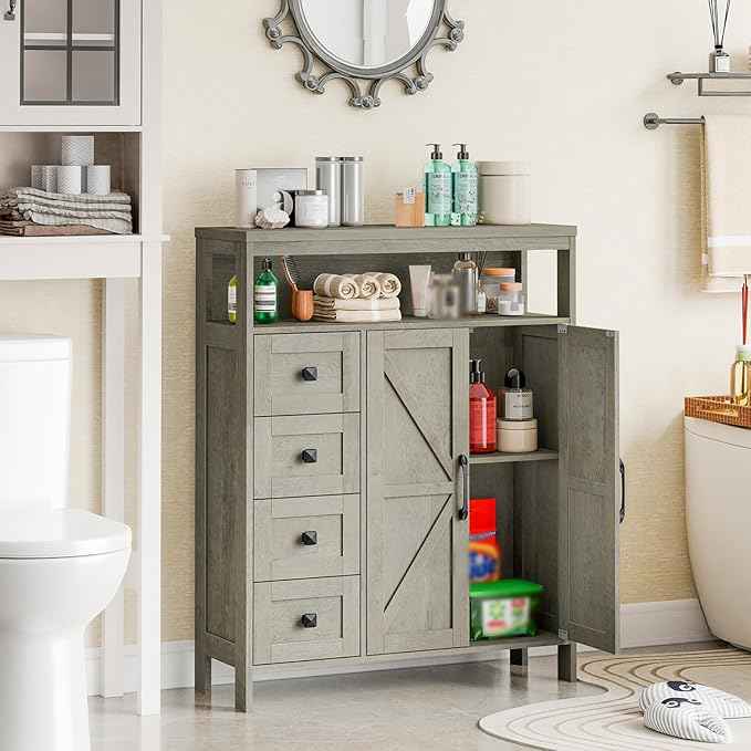 Farmhouse Storage Cabinet with 2 Doors and 4 Drawers, Freestanding Bathroom Storage Cabinet Kitchen Pantry Cabinet, Floor Cabinets Hutch Cupboard for Kitchen/Living Room/Bathroom.Grey Oak.