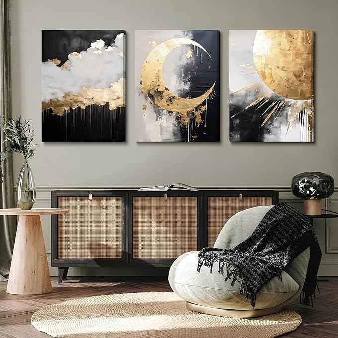 3Pcs Framed Black and Gold Abstract Canvas Wall Art Sun Moon And Cloud Posters Prints Maximalist Pictures Wall Decor For Living Room, Bedroom,bathroom Decoration