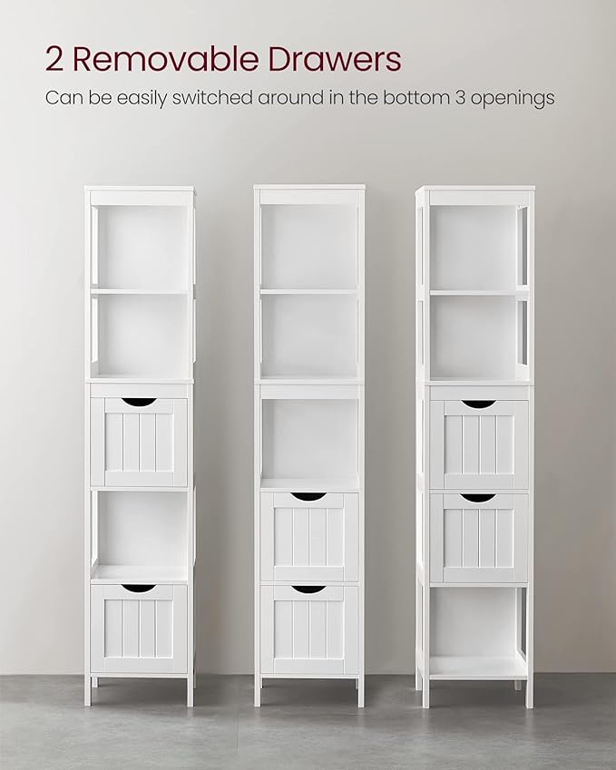 VASAGLE Storage Cabinet, Storage Organizer Rack Stand for Bathroom, Living Room, Bedroom, Multifunctional Corner Unit, 2 Drawers, 55.7 Inches in Height, White UBBC66WT
