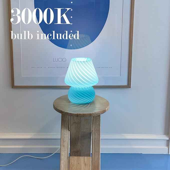 ONEWISH Mushroom Lamp, Small Table Lamp with Sea Blue Striped Glass, Nightstand Lamp Bulb Included