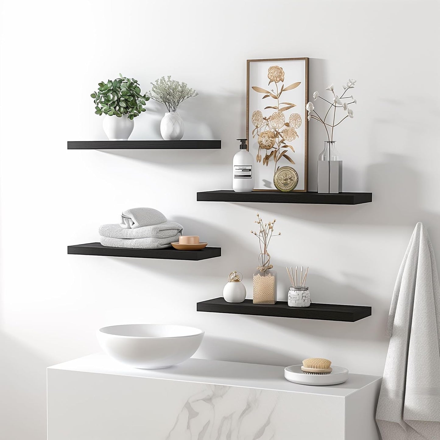 Wood Floating Shelves for Wall Decor, Rustic Wall Shelves for Bedroom Bathroom Kitchen Living Room, Set of 6 Black - Décor Diaries
