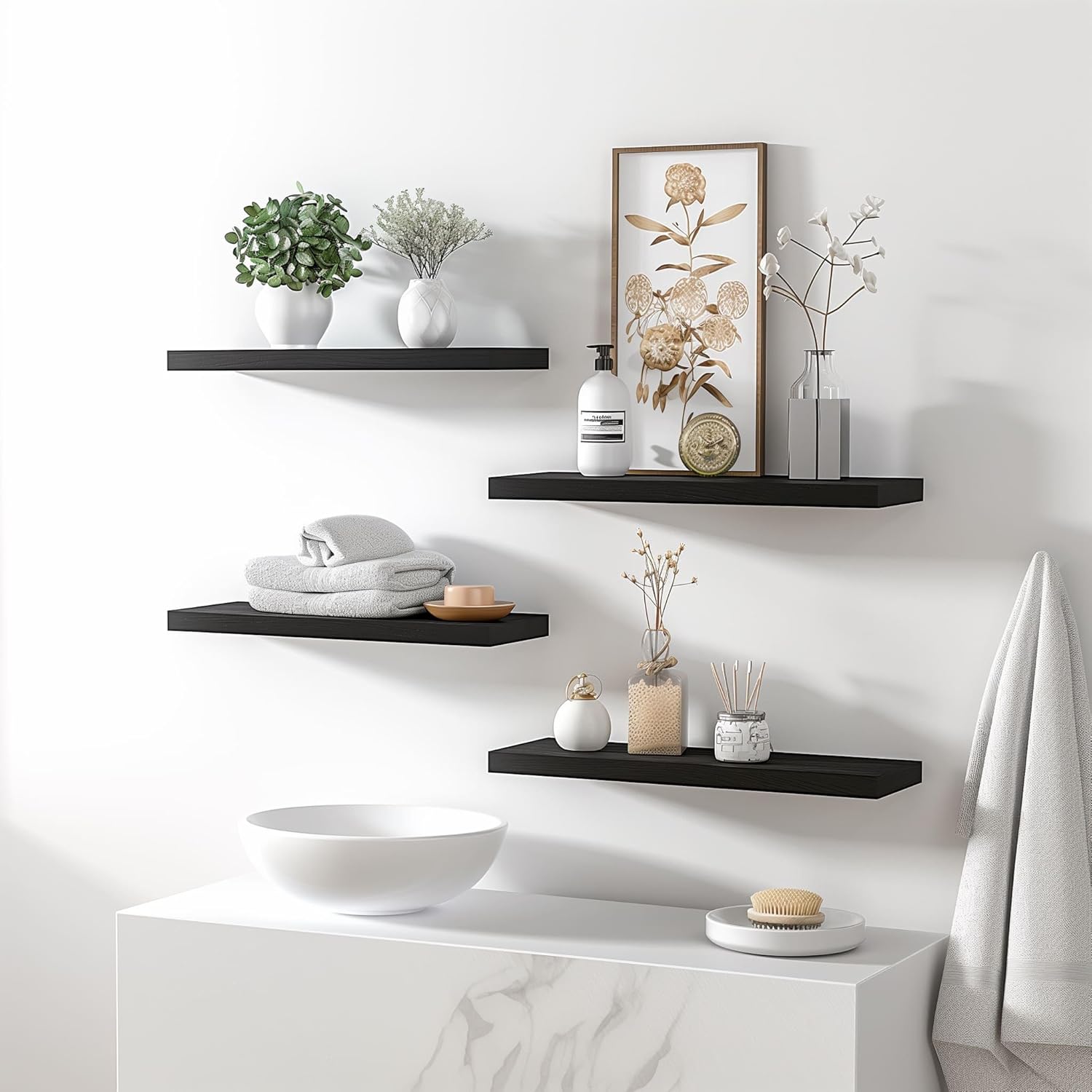 Wood Floating Shelves for Wall Decor, Rustic Wall Shelves for Bedroom Bathroom Kitchen Living Room, Set of 6 Black - Décor Diaries