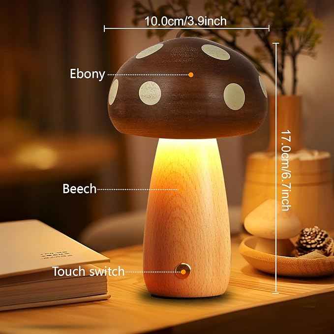 2 Pack LED Wood Mushroom Table Lamp, Rechargeable Cordless Touch Bedside Small Lamps, Wireless Stepless Dimming Night Light, Portable Battery Lamp for Bedroom Nightstand for Birthday Gifts
