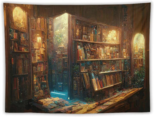 Kurtect Bookshelf Tapestry,Vintage Style Library Watercolor Art Theme Pattern Print Tapestries for Party Beach Picnic Blankets Tablecloths Living Room Wall Deocr, 60x80 in