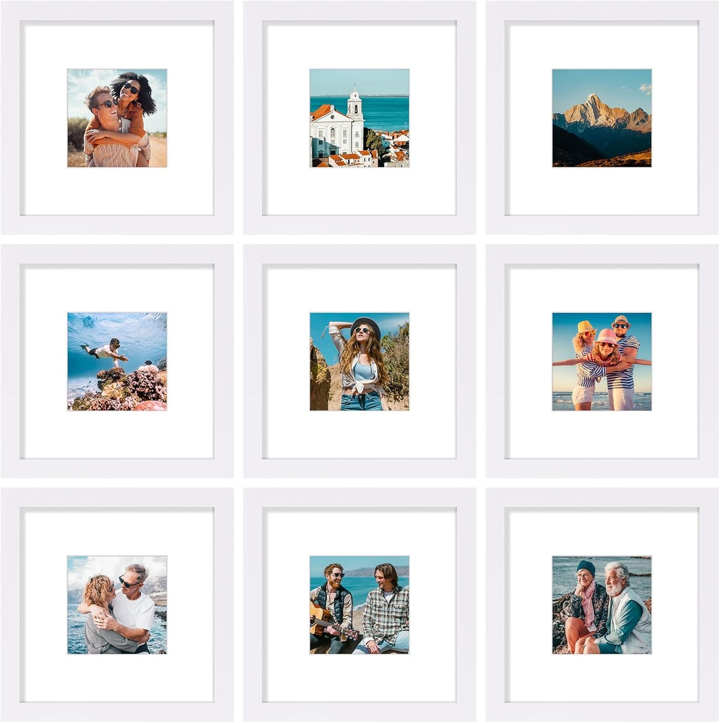 Vittanly 12x12 Picture Frames Set of 9, Shatter Resistant Plexiglass, Display 8x8 Pictures with Mat or 12x12 without Mat, Photo Frames for Wall Mount, Engineered Wood, White