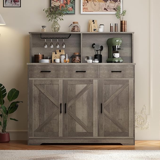 GarveeHome Farmhouse Sideboard Buffet with Microwave Stand, Barn Doors Buffet Storage Cabinet with Drawers and Shelves, Wood Coffee Bar Cabinet for Kitchen, Dining Room, Living Room, Grey