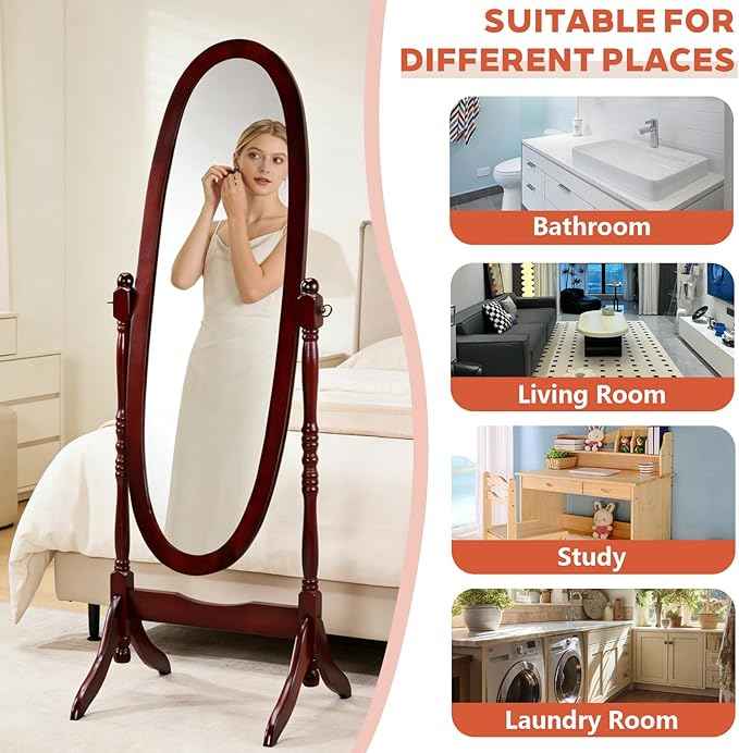 Full Length Mirror with Stand, Swivel Adjustable Oval Wood Cheval Floor Mirror, Dressing Cheval Mirror for Bedroom Livingroom, Interior Gift Idea (Cherry)