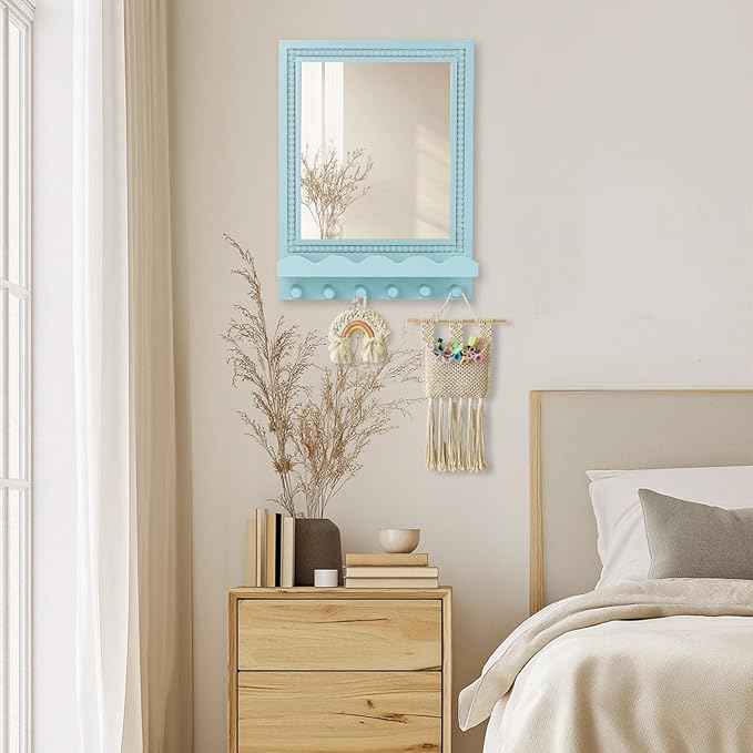 Tirzah 16x12 Inch Wall Mount Beaded Wood Framed Mirror with Shelf and 6 Hooks, Blue Decorative Entryway Mirror with Storage for Laundry Room, Bathroom, Bedroom
