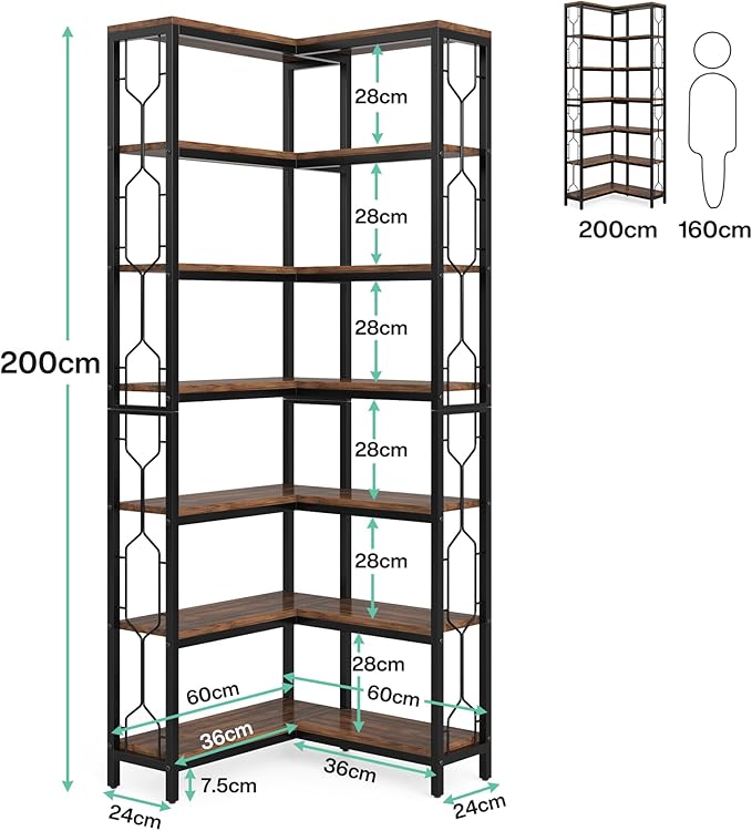 Tribesigns Corner Shelf, 7-Tier Industrial Corner Bookshelf, Wood and Metal Etagere Bookcase, Freestanding Display Shelf for Living Room, Kitchen, Home Office, Rustic Brown | Corner Bookshelf, Etagere Bookcase, Display Shelf, Living Room, Kitchen, Home...