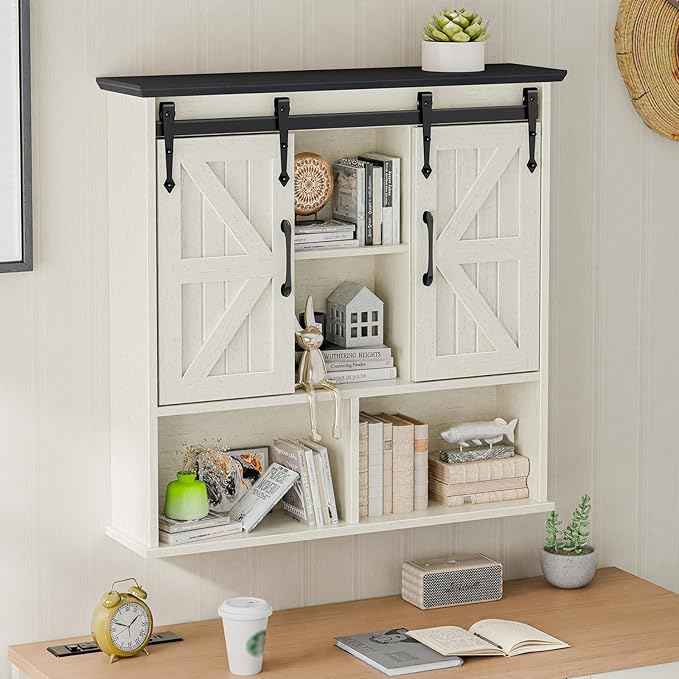 Vabches Bathroom Wall Cabinet, Farmhouse Medicine Cabinet with Double Sliding Barn Door and Adjustable Shelves, Wooden Vintage Storage Cabinet Wall Mounted for Bathroom, Kitchen, White and Black