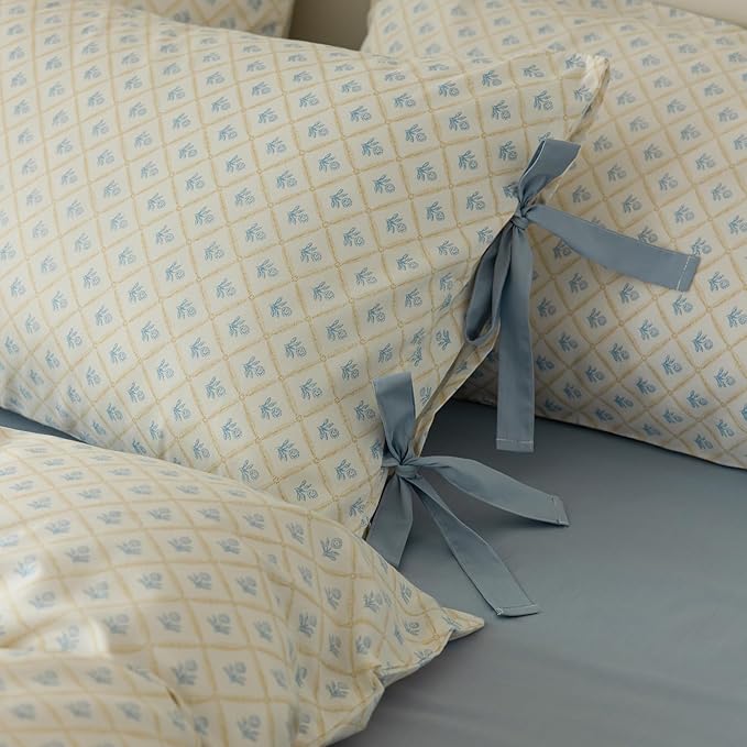 LifeTB Botanical Flower Comforter Set King Size Chic Blue Floral Bedding Comforter Vintage Style King Bed Comforter with 2 Bow Tie Pillowcases Boho Farmhouse Bedding Floral Aesthetic Comforter Set