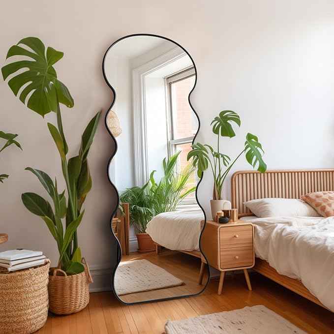 WTTY 71x28 Wavy Full Length Mirror with Stand for Bedroom, Living Room, Cloakroom, Shatterproof, Aluminum Frame