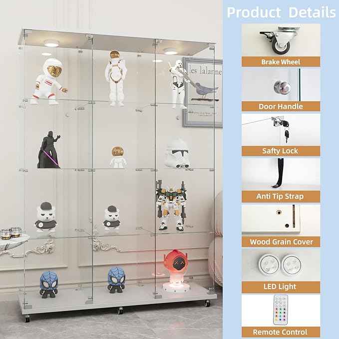 Beauty4U Glass Display Cabinet with LED Lights, Extra Large 3 Columns 2 Doors Curio Cabinets with 12 Shelves for Living Room, Bedroom, Office, White Floor Standing DIY Glass Bookshelf