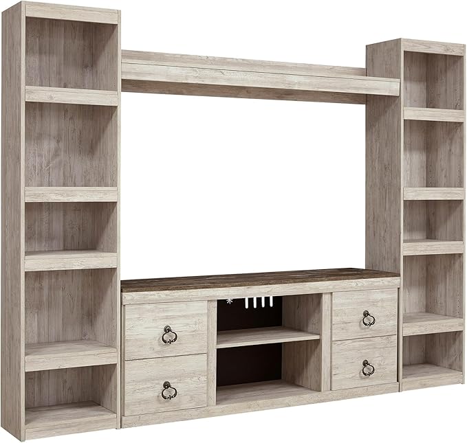 Signature Design by Ashley Willowton Farmhouse 4-Piece Entertainment Center for TVs up to 69" with Adjustable Shelves, Whitewash