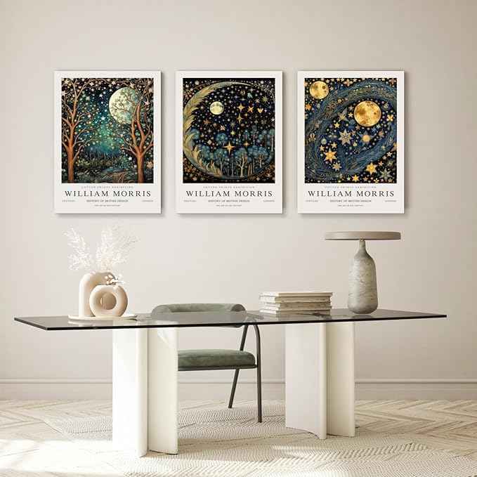 Hianan William Morris Framed Canvas Wall Art, Vintage Gold Moon Stars Poster Prints, Many Dreamlike Stars Wall Decor, Retro Botanical Aesthetic Picture for Bedroom Living Room Office 16"x24"x3