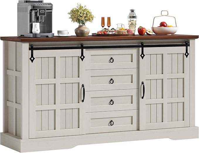 DWVO 59" Sideboard Buffet Cabinet with Storage, Kitchen Storage Cabinet with Sliding Barn Doors and 4 Drawers for Living Room/Kitchen, White Oak