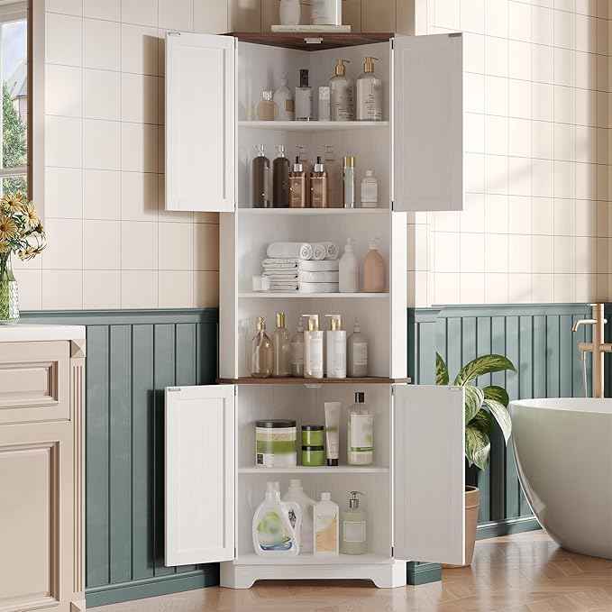 Vabches 68.9" Tall Corner Cabinet, Farmhouse Style Storage Cabinet with Adjustable Shelve, Barn Door Design, Home Space Saver for Kitchen,Bathroom, Living Room, Dining Room (White)