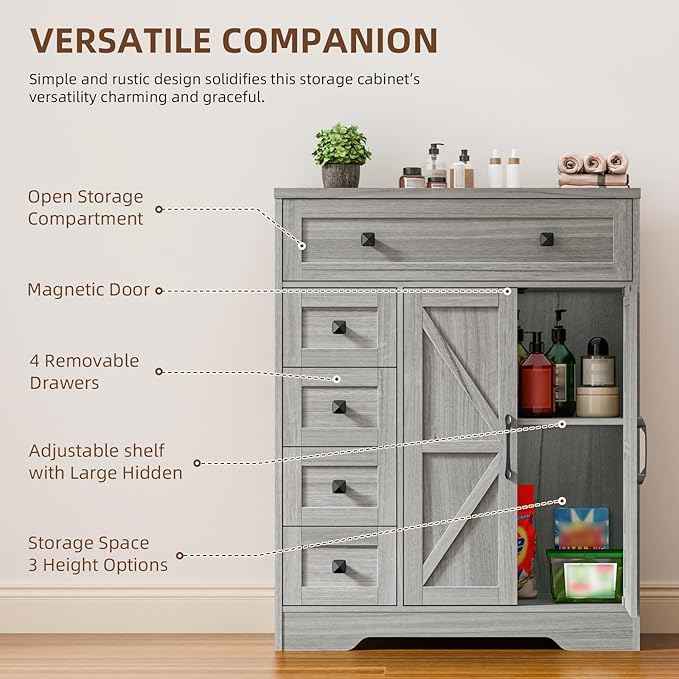 Vabches Farmhouse Storage Cabinet with 2 Doors and 5 Drawers, Freestanding Bathroom Cabinets Kitchen Pantry, Floor Storage Cabinet Hutch Cupboard for Living Room/Bathroom/Kitchen.Wash Grey